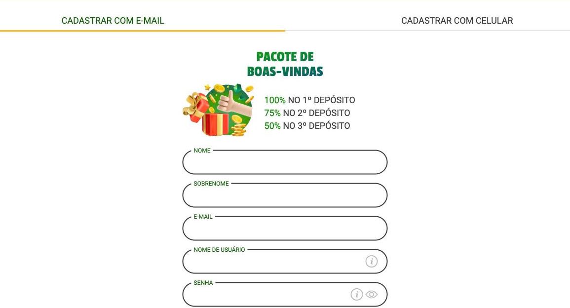 Tela de cadastro da Brazino777 com as abas Cadastrar com e-mail e Cadastrar com celular, o Pacote de boas-vindas de 100%, 75% e 50% e os campos Nome, Sobrenome, E-mail, Nome de usuário e Senha