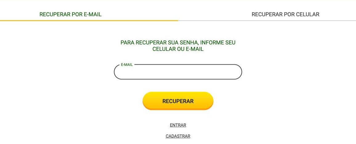 Tela de recuperação de senha da Brazino777 com as abas Recuperar por e-mail e Recuperar por celular, o campo E-mail e o botão Recuperar
